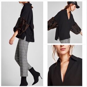 Zara Black Blouse with Brown Fur Sleeves